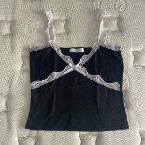 Y2K Top - black crop top with white lace (peach skin material)